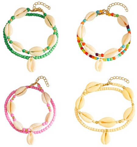 MUNSKT 4 Stück Muschelkette Muschel Armband Fußkette Natürliche Kaurimuschel für Damen Mädchen Weiß Grün Rosa Multicolor