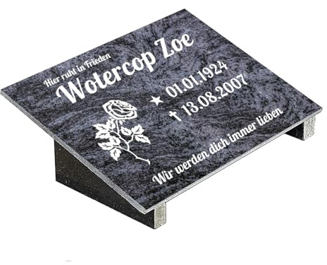 Grabplatte mit Inschrift aus Granit Orion Blue, personalisierbar Gedenktafel für Urnengrab, Wählmotiv, Grabstein für 1-2 Pers., Urnengrabstein (Orion Blue, 30x40cm mit Stützen, Rose)