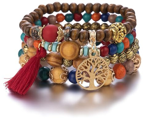 Fninijede Boho Multi-Layer Wooden Beaded Bracelet, Set of 4 Elastic Tassel Bracelets with Tree of Life Pendant, Bohemian Stretch Bracelets for Women