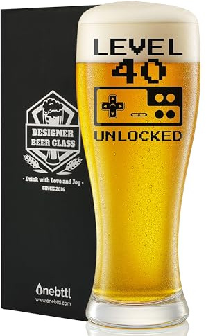 Onebttl 40th Birthday Gifts for Men, 450ml/15oz Beer Glass, 40 Years Old Birthday Present for Dad, Husband, Son- Level 40 Unlocked