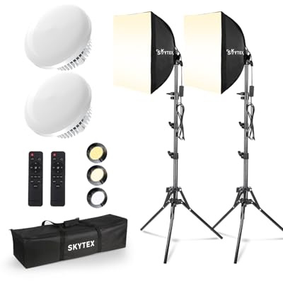 Skytex Softbox - Kit de iluminación (2 unidades), caja suave de 16 x 16 pulgadas, actualización de 135 W, 2700-6400 K, 100 V-240 V, bombilla LED E27, iluminación continua de fotografía, equipo de