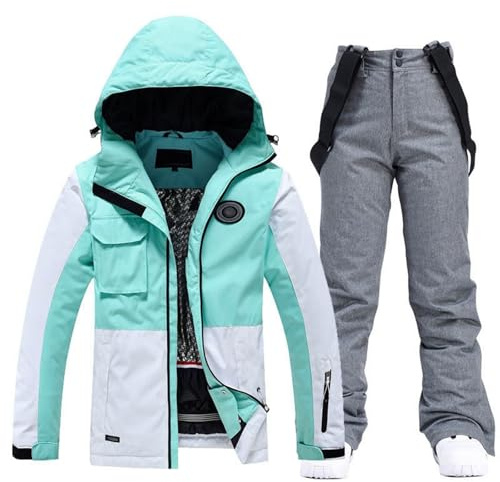 Generisch Chaqueta de esquí y pantalones de esquí para mujer, juego de 2 piezas, traje de nieve, impermeable, cálido, chaqueta de invierno con capucha, traje de esquí para esquiar, snowboard, chaqueta