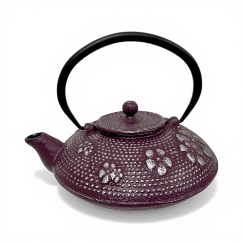 SO SKIN IDASY – Théière en fonte japonaise 900 ml, prune profonde patinée aux reflets argentés, motif pétales relief, filtre inox amovible, intérieur émaillé, design élégant, idée cadeau maison