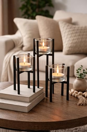 Set of 3 Black Metal Candle Holders with Glass Cups - Modern Minimalist Tealight Holders, Decorative Tabletop & Home Decor for Living Room, Dining Table & Shelves