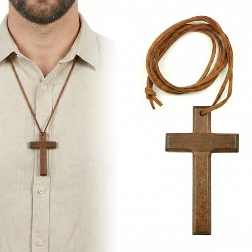 Collier croix bois réglable 70cm noyer cadeau pour famille, croix chretienne homme, croix chretienne, collier croix homme
