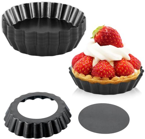 LOPYXBR 12 stycken tartelettformar 10 cm quickform liten med lyftbotten, non-stick-beläggning, mini tartelettformar tarteform liten av kolstål (svart)