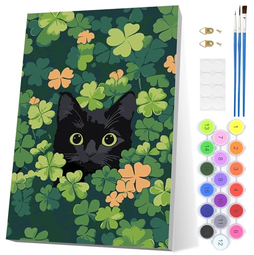 EOBROMD Gato en la Hierba Pintar por Numeros Adultos, Pintura por Números con Marco, Kit de Pintura al óleo de Lienzo DIY para con Pinceles, Pigmento Acrílico, Decoración para el Hogar 20x30cm