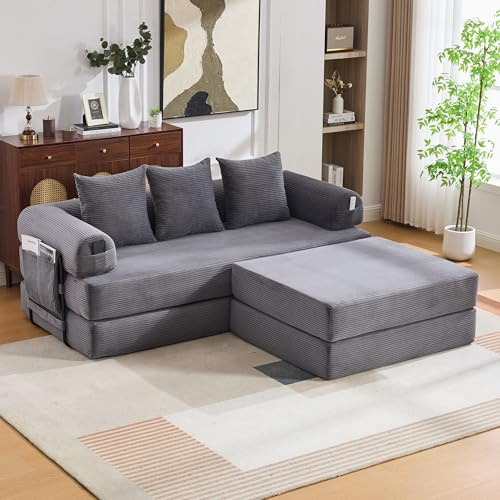 Taikonaut Modulares Sofa, Cordsofa, Sofa mit Hocker, Cordbezug Dunkelgrau, Metallrahmen, Seitentasche, 3 Kissen, frei kombinierbar als Ecksofa, Lounge oder Zweisitzer, 200 190 67 cm