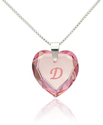 Kette mit Gravur 925 Silber, SWAROVSKI ELEMENTS Herz Anhänger Farbe Rosé AB und Buchstabengravur  D , Herzkette als Geschenk für die Frau, Freundin oder zum Valentinstag