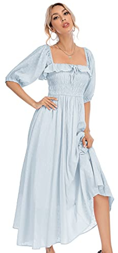R.Vivimos Women's Polka Dot Slim Fit Half Puff Sleeve Dress Square Neck Cottagecore Long Midi Dress(Medium,SkyBlue)