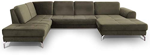 CAVADORE Wohnlandschaft Benda / Große Sofagarnitur mit XL-Longchair rechts & Federkern / Inkl. Sitztiefenverstellung / 332 x 87 x 226 / Samt: grün