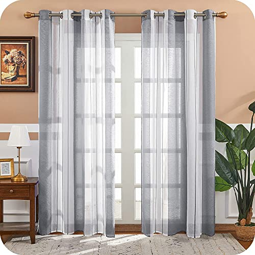 MRTREES Voile Gardinen Kurz Vorhang Halbtransparent Streifen Stores Schals mit Ösenschal Moderner Wohnstil Weiß+Grau 245×140cm (H×B) für Dekoration Kinderzimmer Wohnzimmer Schlafzimmer 2er-Set