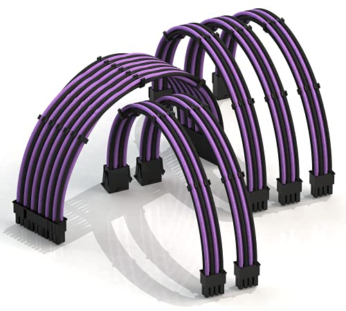 LINKUP - AVA 50cm PSU Kabelverlängerung Ummantelt GPU Nach Maß PC Stromversorgung mit Kamm-Kit - Kompatibel mit RTX3090 | 1x 24 P (20+4) | 2X 8 P (4+4) CPU | 3X 8 P (6+2) GPU Set | 500mm Lila Schwarz