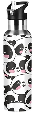 Mnsruu Panda Simpatico Animale Nero Bianco Borraccia Termica con Cannuccia Sportiva, Bottiglia Acqua in Acciaio Inox Isolato 600ML Senza BPA per Bevande Calde e Fredde per Bambini Scuola