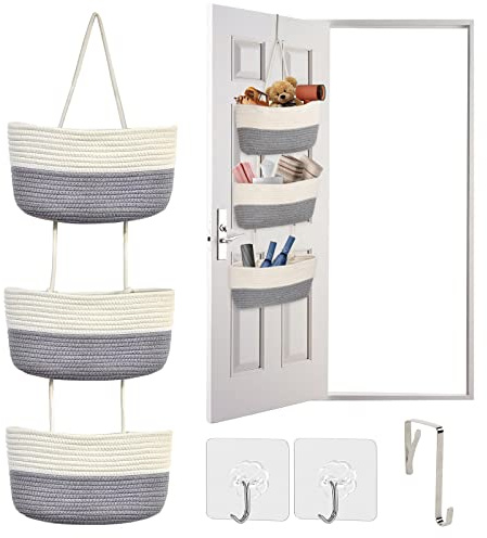 Autumnlife Hängeorganizer, Hängeaufbewahrung für die Tür, Hängeregal Wand Hängen Tasche aus Baumwollseil gewebt mit 3 Taschen für Schlafzimmer, Kinderzimmer, Weiß und Grau