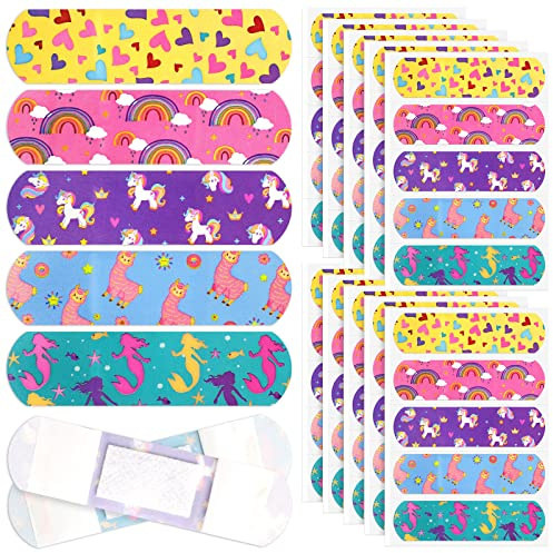 Tondiamo 200 Pieces 5 Styles Cartoon Bandages for Kids Flexible Adhesive Colorful Strips Waterproof Cute Bandages for Girls Repair Tape Knuckle Stickers Protection Care for Cuts Scrapes Burns