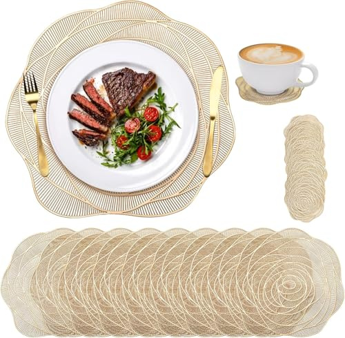 Lyellfe Set of 10 Gold Pressed Vinyl Placemats, 15 Inch Metallic Placemats with Coasters, Non-Slip Washable PVC Chargers Placemat for Dining Table, Wedding, Holiday, Party