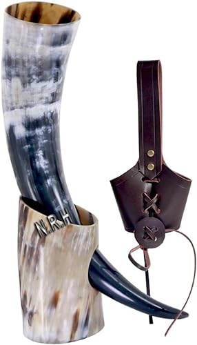 Nautical Replica Hub Viking Horn Mugs-Handmade Real Viking Drinking Horn with Leather Case Holder Beer Wine Goblet Chalice Tankard Ox Horn Beaker Vessels