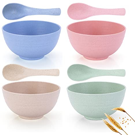 Cereal Bowls Large Unbreakable,Set of 4 26oz,with 4 Spoons,Plastic Eco-Friendly,Lightweight and Durable,Microwave & Dishwasher Safe,for Adult,Kids,Dinner,Salad,Pasta,Noodles,Soup,Dessert,Snack(12x6cm)