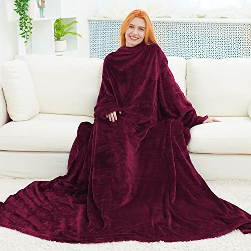 FARFALLAROSSA Coperta con Maniche, Coperta Plaid Pile 170x200, Coperta Indossabile Flanella Divano Donna/Uomo, Leggera e Calda, Bordeaux
