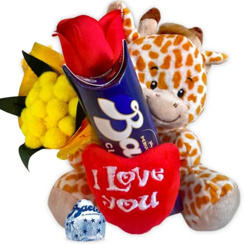 Idea Regalo Maestre - Peluche Giraffa15cm + 37,5gr Baci Perugina + Rosa Rossa + Bouquet di Mimosa - Regalo Uomo|Donna|Mamma