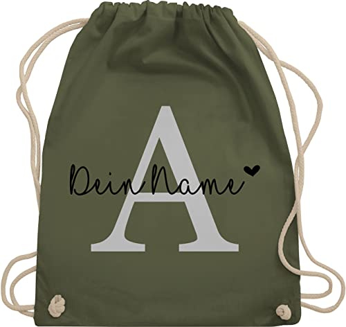 Turnbeutel Rucksack - Initialen - Buchstabe Name anpassbar Herzchen I Geschenk Anfangsbuchstabe mit Name - Unisize - Olivgrün - personalisierte beutel kinder stoffbeutel kita buchstaben a