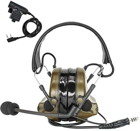 Heatangel Tactical Headset with Gel orets Sound Pickup Hearing Defender avec Ken PTT 2 Pin pour Airsoft Sports (Army Green)
