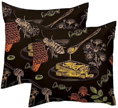 Bee Honeycomb Honey Jar and Bread 2 Pack Square Throw Pillow Covers Decorative Soft Velvet Pillowcase for Couch Sofa Bed Car Living Room, 40x40cm