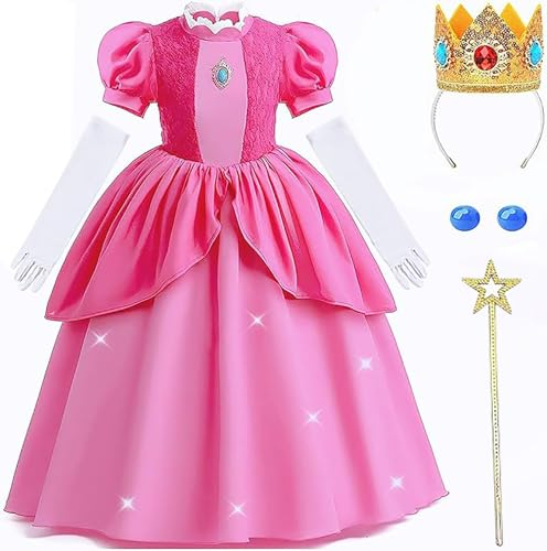 5 Stück Prinzessin Peach Kostüm, Pfirsich Mädchen Kleider Glanz Kinder Karneval Party Halloween Weihnachten Verkleidung Set, Princess Peach Kostüm Kinder mit Krone Handschuhe Zauberstab Ohrring (130)