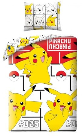 Pikachu Pokémon Kinderbettwäsche 140x200 + Kissenbezug 65x65 100% Baumwolle | Wendebettwäsche Einzelbett | Naturbaumwolle atmungsaktiv Oeko-Tex | Pokémon Lizenz | 4-12 | Geschenk | Maschinenwaschbar