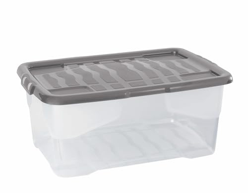 Strata 5 x 42 Liter stapelbare Aufbewahrungsbox aus Kunststoff mit Deckel zum Anklippen, 5 Stück, Multi-Aufbewahrungsbox für Zuhause und Büro, transparente Box, grauer Deckel, 25 cm H x 40 cm B