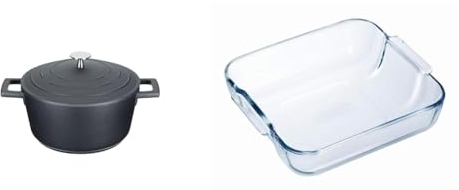 MasterClass Small Casserole Dish with Lid 2.5L/20 cm, Lightweight Cast Aluminium, Induction Hob and Oven Safe, Black & Pyrex Glass Square Roaster, 25 x 21cm