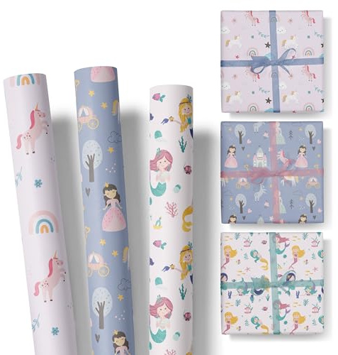 Geschenkpapier Kinder – 3 Rollen im Set – Motive: Prinzessin, Meerjungfrau, Einhorn – für Geschenke zum Geburtstag oder Weihnachten – Geschenkpapier für Mädchen – Rolle: 47 cm breit, 3 m lang - SET 3