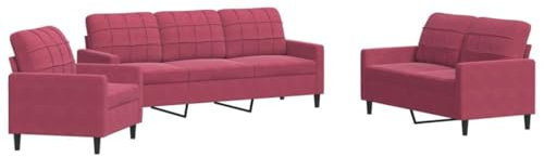 vidaXL Weinrot Samt 3er Sofagarnitur mit Kissen, Modernes Sofa Set, 197 x 77 x 80 cm