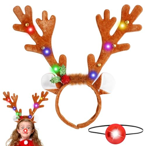 Beipegin Rentier Haarreif LED Rote Nase Rentier Leuchtend,Geweih Haarreifen Weihnachten Reh Haarreif Weihnachts Accessoires Haarschmuck für Weihnachten Kostüme Zubehör Erwachsene Kinde