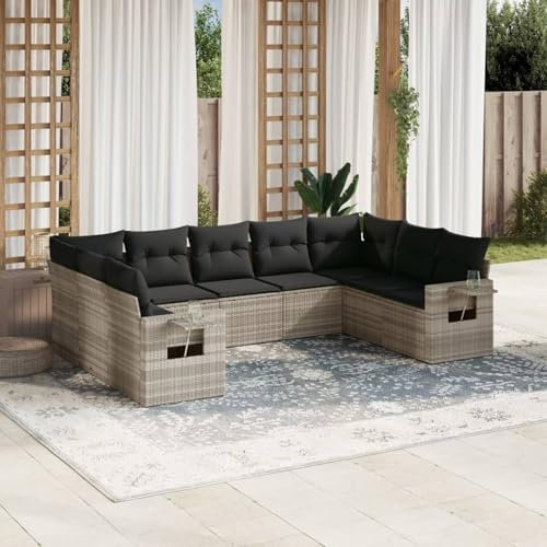 Homgoday 9-TLG. Garten-Sofagarnitur mit Kissen Balkonmöbel Gartenmöbel Gartenlounge Lounge Sofa Sitzgruppe Gartensofa Balkonsofa Balkonlounge Gartenset Hellgrau Poly Rattan