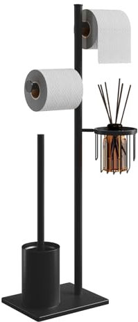 Porta carta igienica set in acciaio inox Nero, autoportante, completo di scopino WC e cestino porta oggetti, perfetto per organizzare il bagno con eleganza e praticità