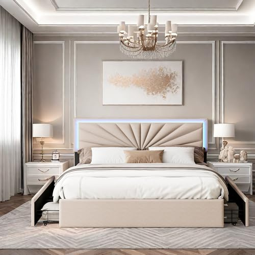 Vadderad dubbelsäng, 160 x 200 cm, med 4 förvaringslådor, säng med LED-belysning, sängram med höjdjusterbar sänggavel, bagagesäng och ribbotten, linne, beige (160 x 200 cm)