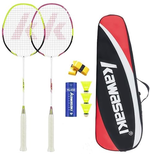 Badminton Rackets, Professional Graphite Shaft Badminton Set of 2 for Backyard Sports, Training & Entertainment with 3 Badminton Shuttlecocks/2 Overgrips/1 Carry Bag(Purple Green)