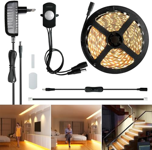Sensky LED Streifen mit Bewegungsmelder, 2,5m Dimmbar LED-Band 12V Warmweiß 3000K Selbstklebend mit PIR-Sensor, Schrankbeleuchtung für Kleiderschrank, Treppe & Flur