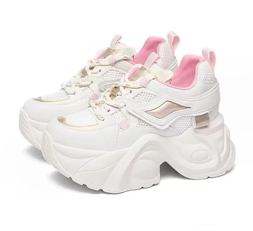 Chunky Sneakers for Women Walking Shoes with a 3.5-Inch Thick Sole - Breathable Mesh Walking Shoes (White and Pink,8)