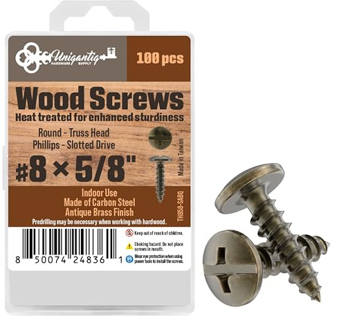 #8 x 5/8 Antique Brass Round Head Phillips Wood Screws - Pack of 100 - Self Tapping Truss Head Screws for Wood - TH858-SABQ