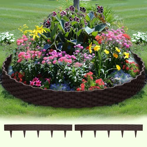 Beeteinfassung,Beetumrandung Garten,Rasenkante Kunststoff mit 5 Elemente á 1m,Mähkante Beetbegrenzung Flexible,Rattan-Optik Design,Gartendeko,Gartenpalisade für Garten-Braun