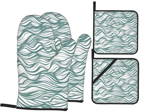 Set di 4 guanti da forno e presine a righe ondulate verdi per la massima sicurezza e praticità in cucina