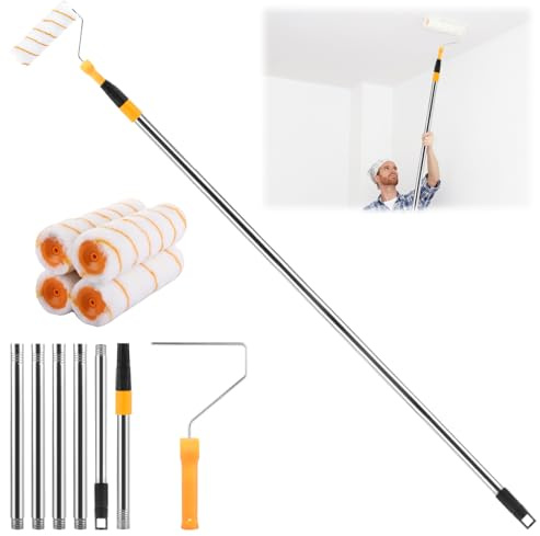 GBACHOOSE Long Paint Roller, 180cm Paint Roller with 6pcs Extended Stainless Steel Pole, Multi-Function Long Household Wall Painting Tool for Walls and Ceiling (Including Replaced Roller Brush)