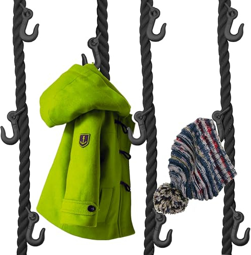 LeTOMA Schwarze Garderobe aus PP-Seil und Metallhaken für Decke und Wand | Praktisch, elegant, platzsparend | Hängegarderobe 140 cm - 1x Seil mit 4 Haken | Handmade in Germany
