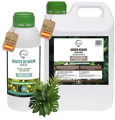 GREENGOF Jabón Potásico 5L y Aceite de Neem 1L - Pack Protección Total - Alta Eficacia - Aplicación Sencilla - Uso Interior y Exterior - 100% Orgánico y Natural - Árbol Azadirachta.