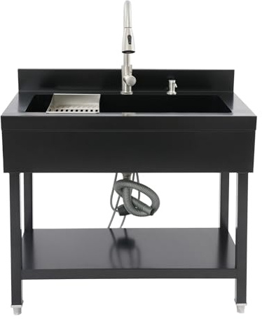 Edelstahl Waschbecken, Freistehend Spültisch mit Ausziehbarer Wasserhahn und Abtropffläche, Waschtisch Multifunktionswaschtisch Outdoor Küche, Spüle für Wäscherei, Garage, Außen, 90*60*80cm (Schwarz)