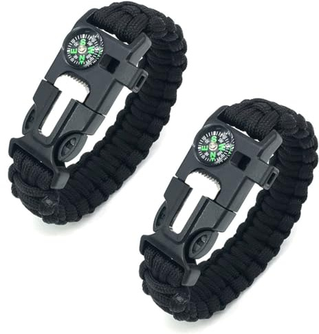 NJCXOLA Paracord Bracelet de Survie, Bracelet pour Camping, kit de Survie, Survie en Pleine Nature, kit d'urgence, pour randonnée Camping activités de Plein air((2 pcs,Noir)