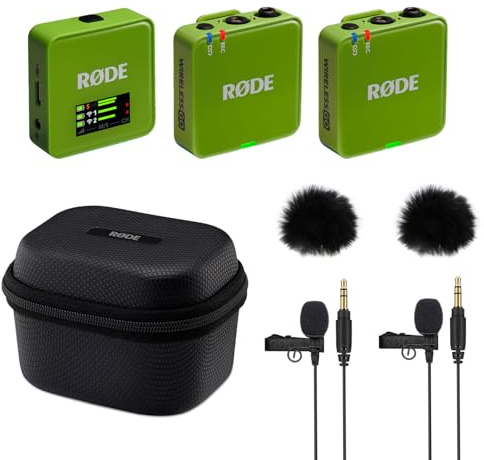 Rode Wireless GO Gen 3 - Sistema radio wireless a 2 canali, colore verde con custodia di ricarica + 2 microfono Lavalier GO e 2 paravento in pelliccia